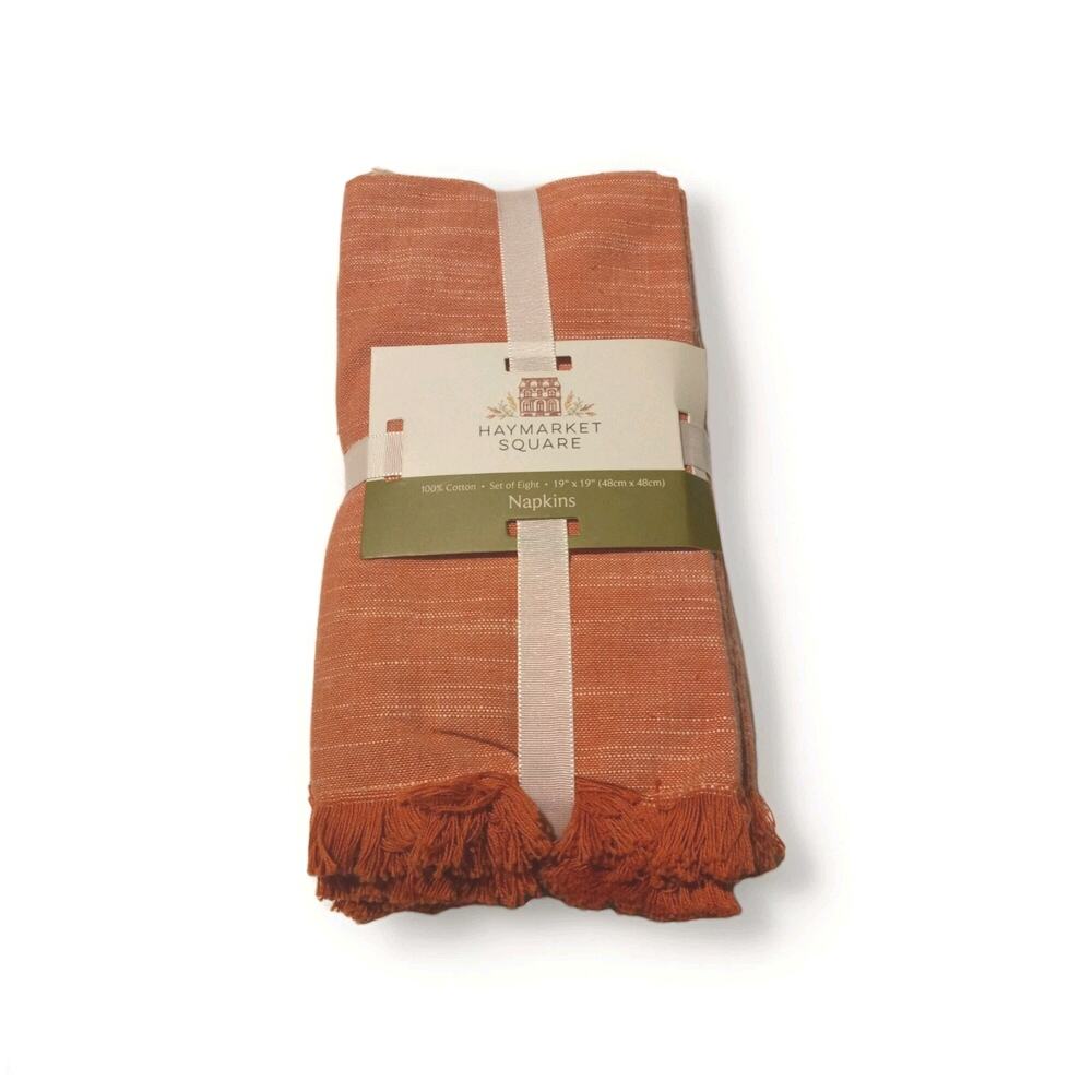 8-Pack Haymarket Square Cloth Dinner Napkins Orange Fringe Border 19''x19”